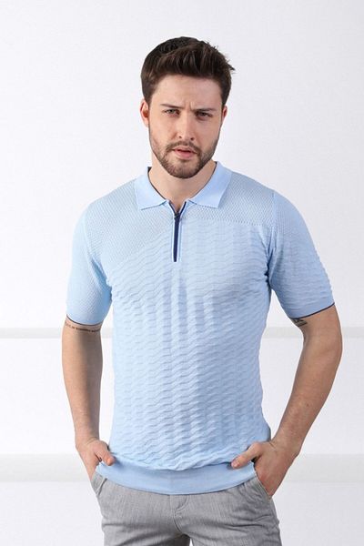 Ferraro Tricou pentru bărbați, 100% bumbac, cu fermoar, cu guler polo albastru