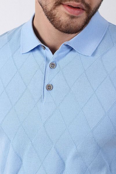 Ferraro Tricou pentru bărbați - Guler polo albastru gheață, model diamant, 100% bumbac
