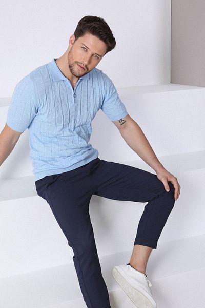 Ferraro Tricou pentru bărbați, 100% bumbac, cu fermoar, cu guler polo albastru