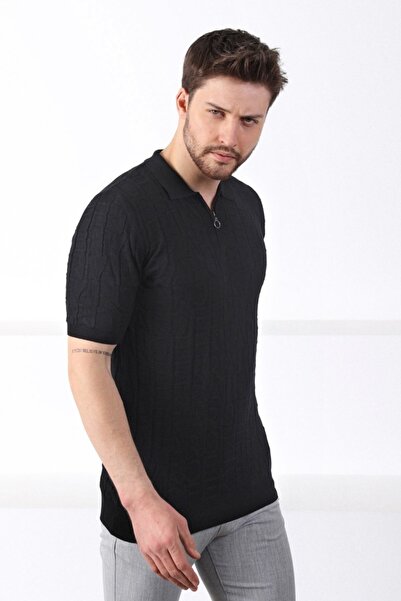 Ferraro Black Polo Collar Zippered 100% Cotton Men's Knitwear T-shirt