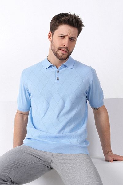 Ferraro Tricou pentru bărbați - Guler polo albastru gheață, model diamant, 100% bumbac