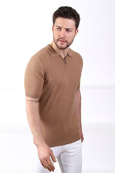 Ferraro Ανδρικό πλεκτό μπλουζάκι Camel Polo Collar με φερμουάρ 100% βαμβακερό
