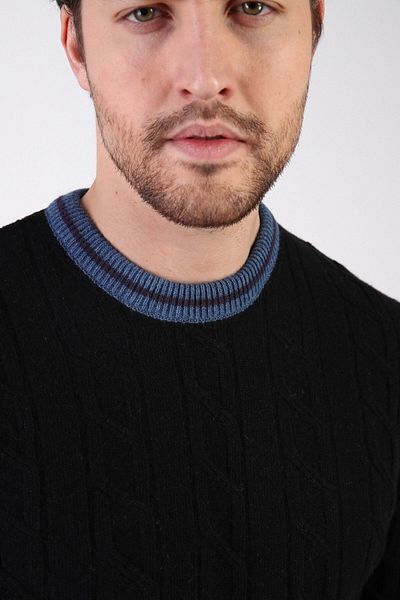 Ferraro Μαύρο/indigo Crew Neck 100% Lamb Wool Ανδρικό πουλόβερ
