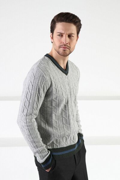 Ferraro A.gri/haki V Yaka %100 Kuzu Yünü Erkek Kazak