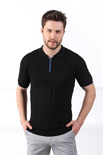 Ferraro Black Polo Collar Zippered 100% Cotton Men's Knitwear T-shirt