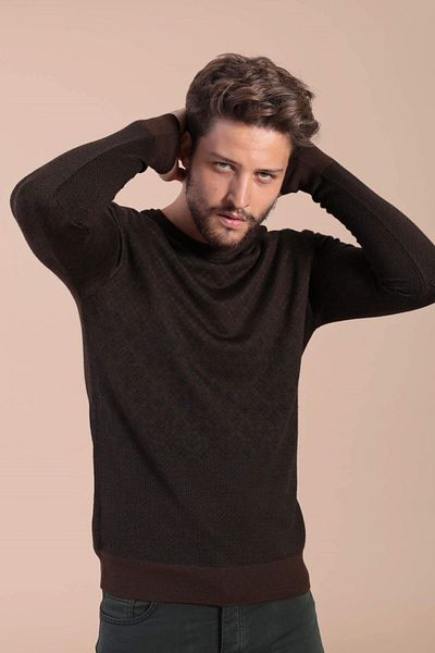 Ferraro Ανδρικό πουλόβερ από μαλλί καφέ Crew Neck Superfine