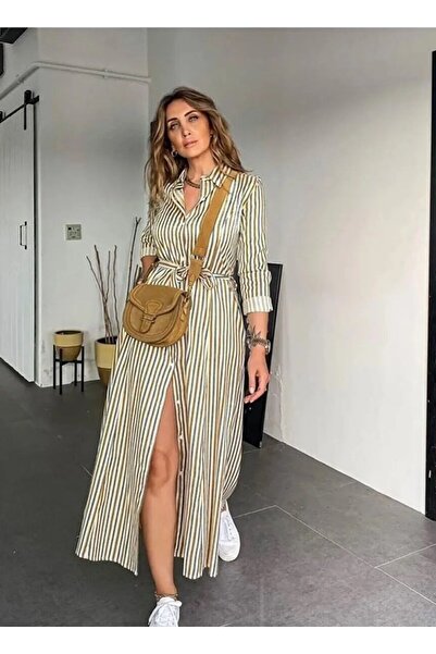 Pasaklı Giyim فستان قميص مريح بجيب بيج مخطط بلون الخردل البني