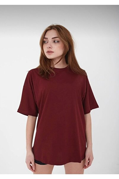 JAKARLI Unisex Bordo Bisiklet Yaka Pamuk Oversize Boyfriend T-shirt