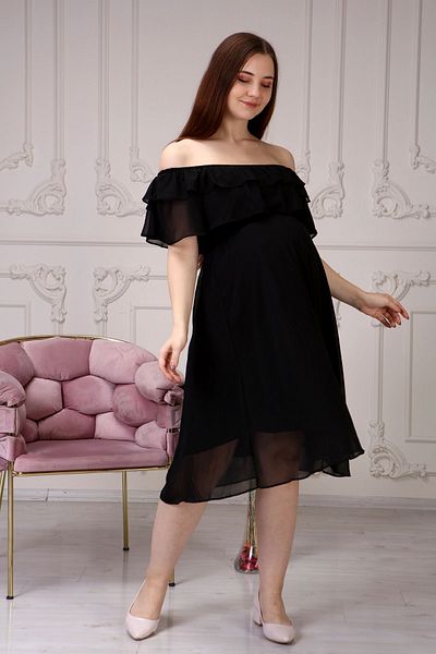 Azra Style Rochie de maternitate pentru femei, cu guler cu volane, din șifon, cu curea, neagră 7000