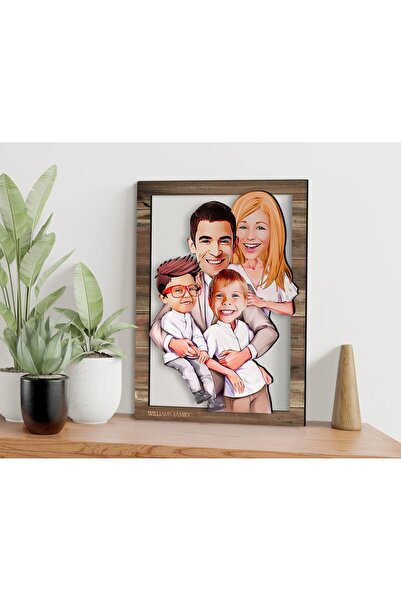 Bk Gift Kişiye Özel Aile Karikatürlü 3D Ahşap Tablo-1, Aileye Hediye, Babaya ...