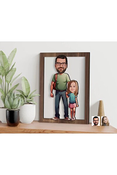 Bk Gift Kişiye Özel Baba Kız Karikatürlü 3D Ahşap Tablo-20, Babaya Hediye, Ka...