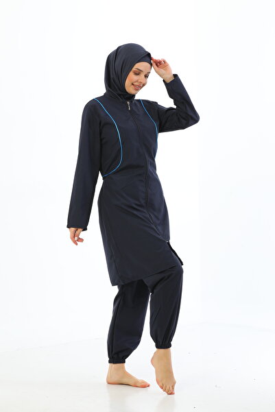 by İGP Navy Blue Hijab with Quick Dry Feature - Zippered Full Covered Women's Swimsuit