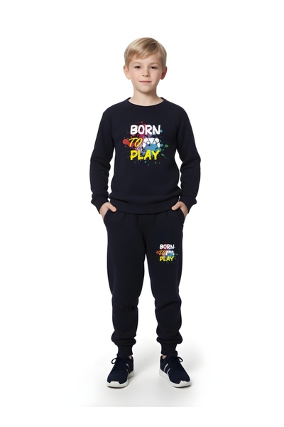 panios kids Set de trening pentru băiat, cu gât rotund, cu buzunar dublu, albastru bleumarin