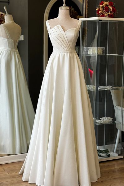 Lenta Moda Maxi Length Satin Evening Dress - White Evening Dress with Drape Detail