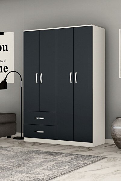 Metalia Beyaz Antrasit Gri 4 Kapılı 2 Çekmeceli  Gardrop Gm 074 Novay