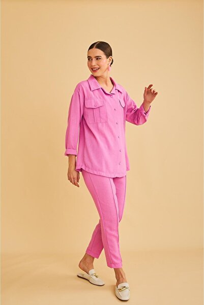 Basicpark Raxy Pocketed and Ribbed Linen Pink Shirt and Trousers Set