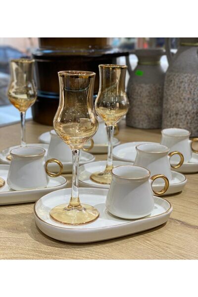 Onedekor كوب قهوة بيضاوي مكون من 6 أشخاص مع طبق تقديم باللون الأبيض