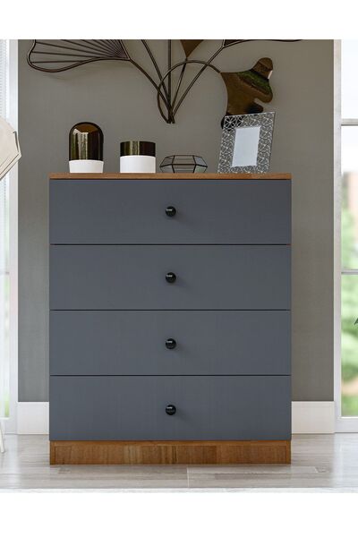 Metalia Gm 086 Almina 4 Çekmeceli Düğme Kulplu Antrasit Gri-ceviz Şifonyer