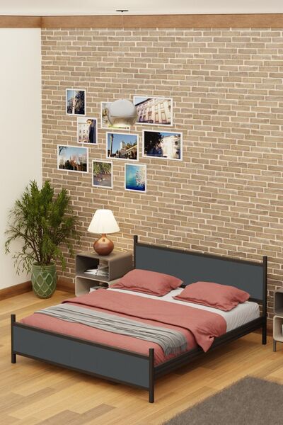 Metalia Gm 305 Modern Çift Kişilik Ahşap Metal Siyah Antrasit Gri Karyola 150...