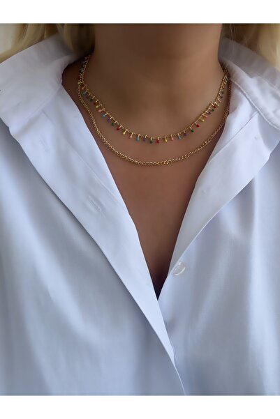 Hicrans Takı RENKLİ ÇİFT ZİNCİRLİ ÇELİK KOLYE