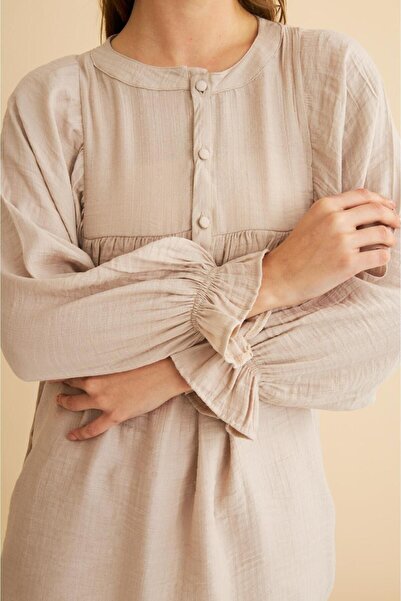 Basicpark Pinky Buttoned Sleeves Gathered Linen Stone Tunic Trousers