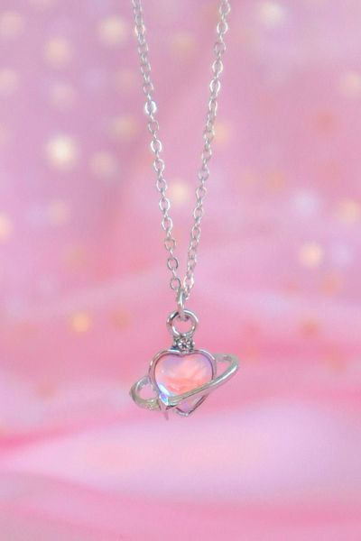 EFBUTİK Silver Color Heart Imported Necklace with Saturn Chain