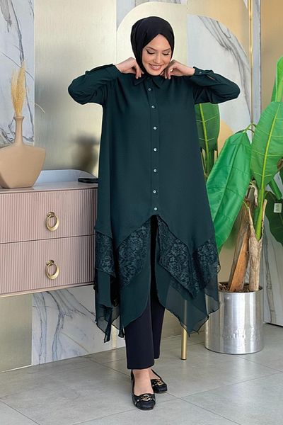 Bym Fashion Τούνικ ασύμμετρης κοπής δαντέλα και σιφόν 2758 - Emerald