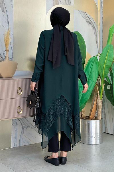 Bym Fashion Τούνικ ασύμμετρης κοπής δαντέλα και σιφόν 2758 - Emerald