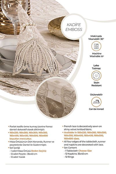 Evlen Home Collection Set Fete de Masa de Lux din Catifea 25 buc Vels Cream cu dantela