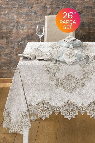 Evlen Home Collection Set Fata de Masa Velvet Luxury Dantela Dantela 26 Piese Reina Crem