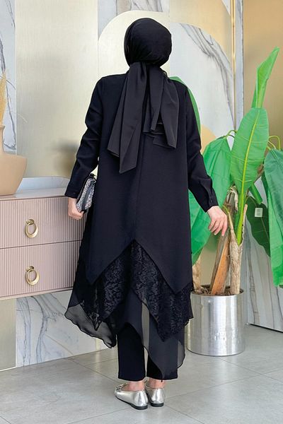Bym Fashion Μαύρο Ασύμμετρο Τουνίκ 2758 - Λεπτομέρεια από δαντέλα και σιφόν