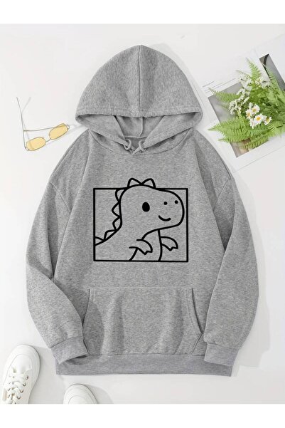 NoVibe Dinosaur Printed 3 Thread 100% Cotton Oversize Children's Sweatshirt - Hooded Winter