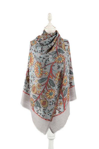 Bursa İpek Jacquard Patterned Light Gray Wool Shawl