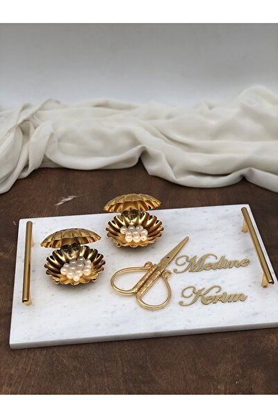 Masalsı Concept Ince Mermer Antik Söz Tepsisi Nişan Tepsisi,  Makas, 2 Adet Çıkarılabilir Yüzüklük, Metal Profil Kul