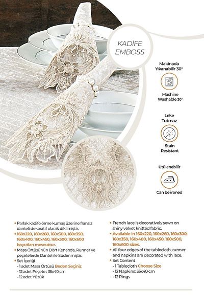 Evlen Home Collection Set fata de masa catifea Lacy Laced Grand Cream