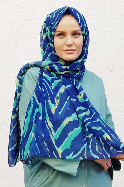 Stella Zebra Patterned Chiffon Shawl Model 72x180cm Blue Mint
