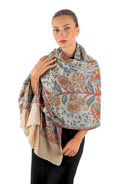 Bursa İpek Jacquard Patterned Beige Wool Shawl