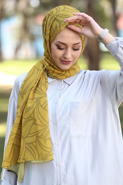 Stella Leaf Patterned Chiffon Shawl Model Mustard Color