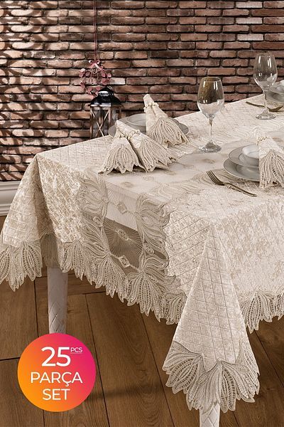 Evlen Home Collection Set Fete de Masa de Lux din Catifea 25 buc Vels Cream cu dantela