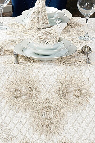 Evlen Home Collection Velvet Tablecloth Set Lacy Laced Grand Cream