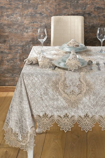 Evlen Home Collection Set Fata de Masa de Lux din Catifea Dantela Dantela 26 Piese Arya Cappuccino