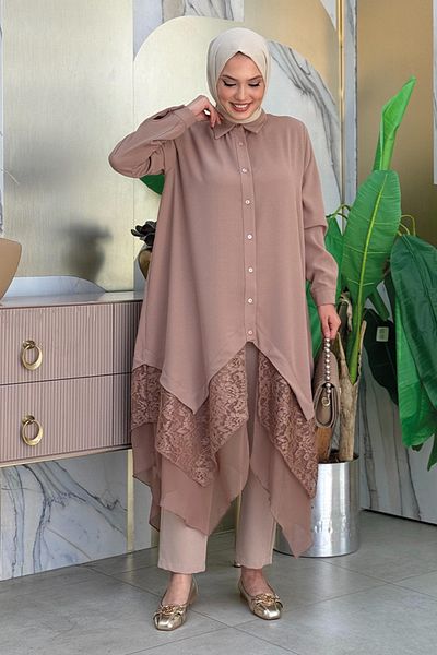 Bym Fashion Ασύμμετρη κοπή δαντέλα και σιφόν λεπτομερή τουνίκ 2758 - Mink