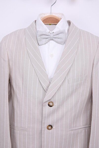 Nexactive Çizgili Keten Çocuk Genç Mevsimlik Takım Elbise Mezuniyet Balo Bayramlık Düğünlük Damatlık Seti 4'lü