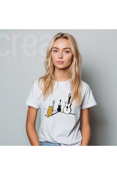 Crea Eymer Wear Λευκό μπλουζάκι Premium - Χρυσό Glitter, μοτίβο γάτας και κιθ...