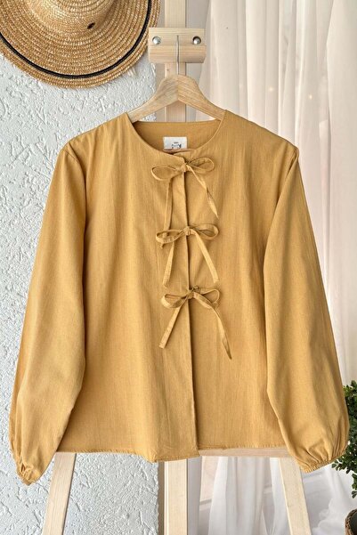 Ceylan Otantik Organic Linen 3 Bow Mustard Blouse