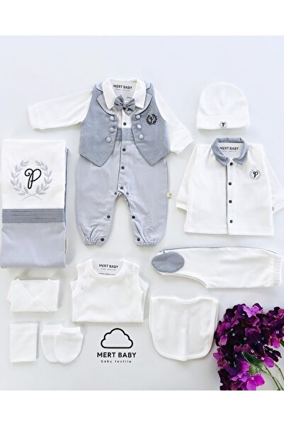 Mert Baby Matteo 10'lu Organik Hastane Çıkış Seti Gri %100 Pamuk Yenidoğan Er...