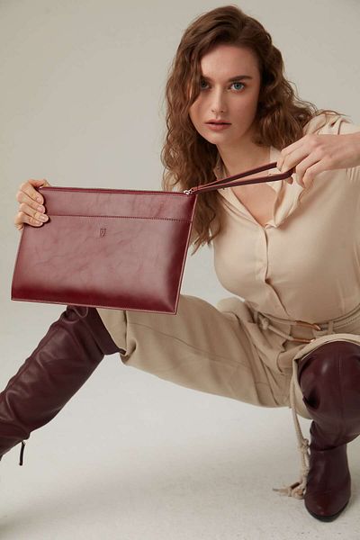 HELMBROOK Beverly Claret Red Leather Women's Portfolio Bag - With Pocket and Zipper RFID Protection