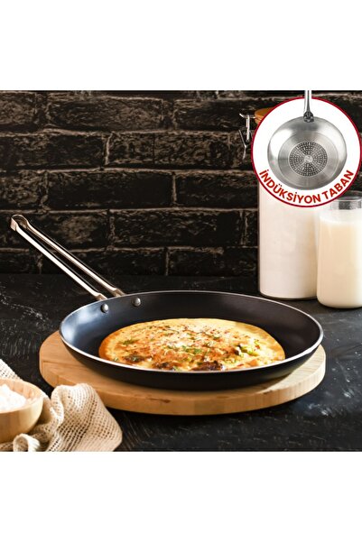 Evren 30 Cm Chef İndüksiyonlu Krep Tava, Horeca İndüksiyon Tabanlı Krep Omlet Tavası (Çelik Çubuk Kulp)
