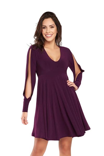 Laranor Women's Plum Slit Sleeve and Collar Detailed Moving Skirt Dress 18L6354