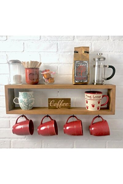 ViraHome Bardaklık Kupa Askısı Yüzer Raf Dekoratif Kahve Köşesi Duvar Rafı Ahşap Fincanlik 40cm